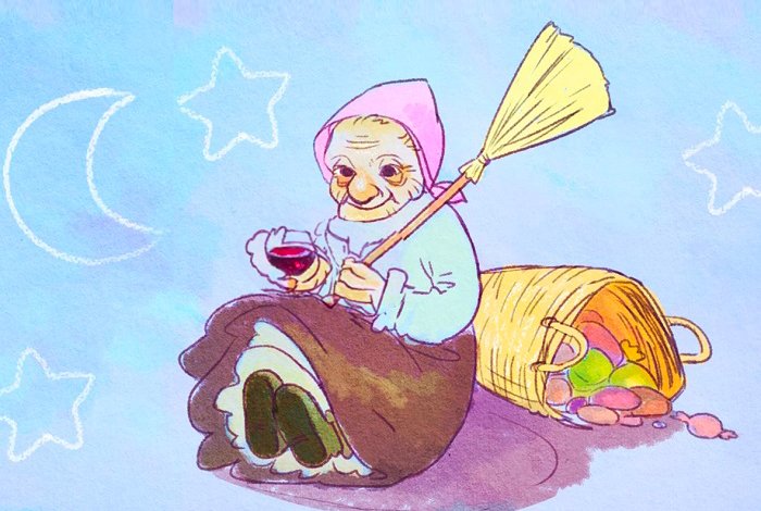 Befana stanca che beve vino