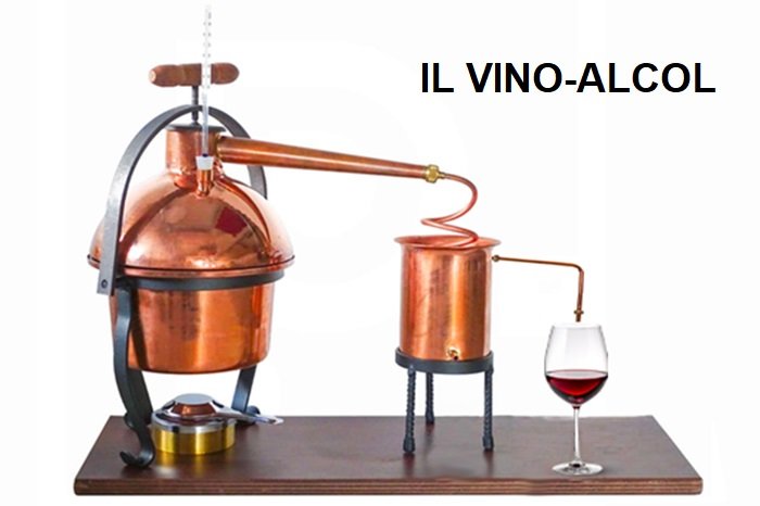 Vino alcol alambicco e calice di vino