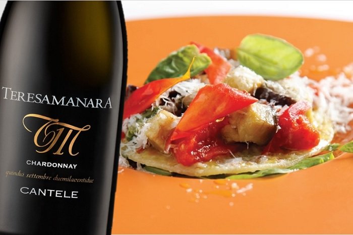 Chapati con melanzane, pomodori e pecorino romano e Salento Chardonnay Teresa Manara VT 15 settembre 2022 Cantele