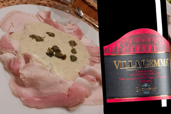 Prosciutto di lonza con salsa tonnata e Terre di Chiedi Cerasuolo Villa Gemma 2025 Masciarelli