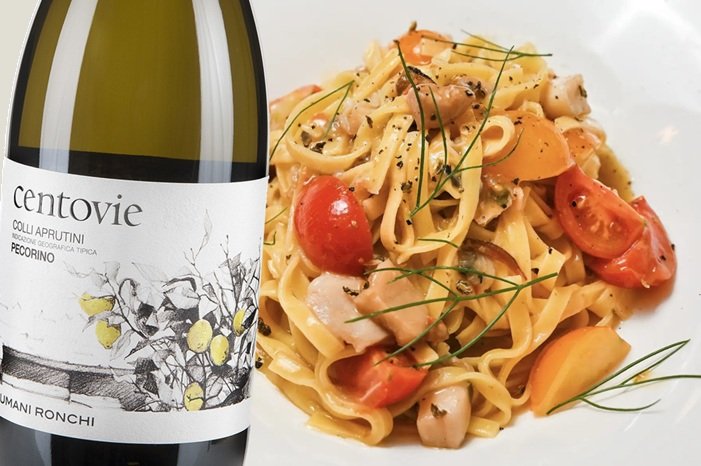 Tagliatelle in salsa di polipetti e Colli Aprutini Pecorino Centovie Umani Ronchi