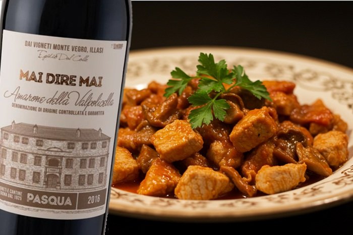 Spezzatino di maiale ai funghi e Amarone della Valpolicella Mai dire mai 2016 Pasqua Vigneti e Cantine