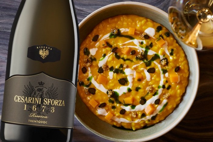 Risotto alla succa senape e formaggio blu e Trentodoc Riserva 1673 Cesarini Sforza