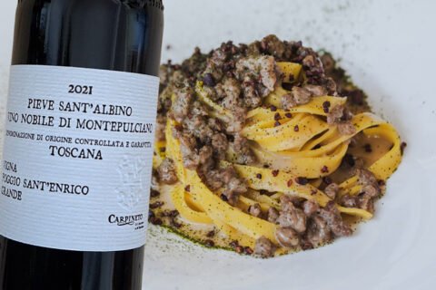 Tagliatelle al ragù e Vino Nobile di Montepulciano Pieve Sant'Albino Vigna Poggio Sant'Enrico 2021 Carpineto