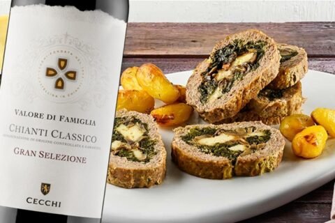 Polpettone ripieno di provolone dolce, funghi e spinaci abbinato al Chianti Classico Gran Selezione Valore di Famiglia 2021 Famiglia Cecchi