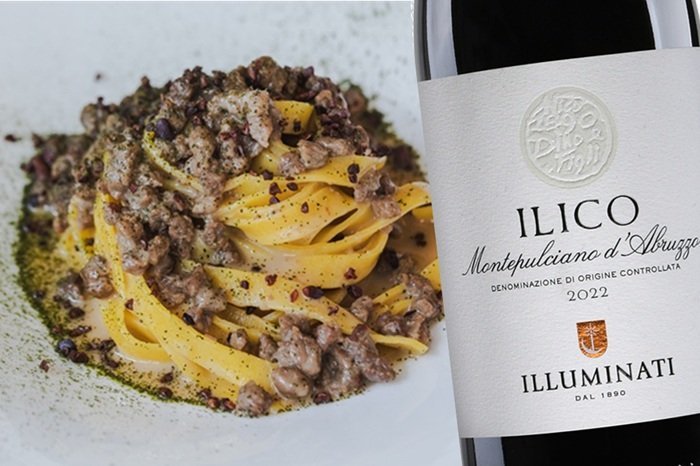 Tagliatelle al ragù e Montapulciano d'Abruzzo Ilico 2022 Illuminati