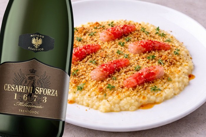 Risotto al limone e gamberi crudi con Trentodoc 1673 Brut Millesimato 2021 Cesarini Sforza