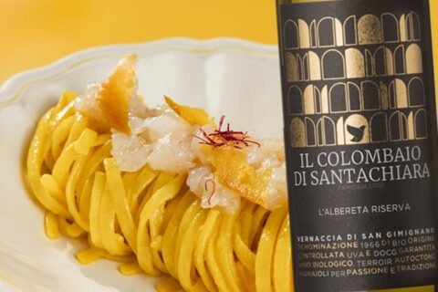 Linguine allo zafferano e Il Colombaio di Santa Chiara Vernaccia di San Gimignano L'Albereta Riserva