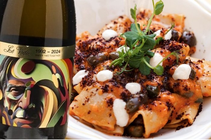 Paccheri ai peperoni e Verdicchio dei Castelli di Jesi Classico Le Vaglie Santa Barbara