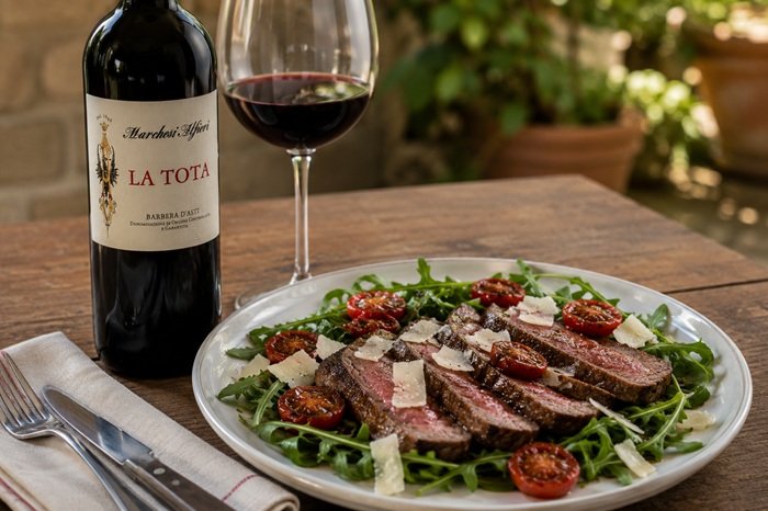 Tagliata di manzo e Barbera d'Asti La Tota 2024 Marchesi Alfieri