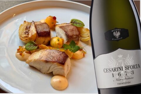 Ricciola, pesca, finocchio all’arancia e polvere di cappero e Trentodoc 1673 Noir Nature 2019 Cesarini Sforza
