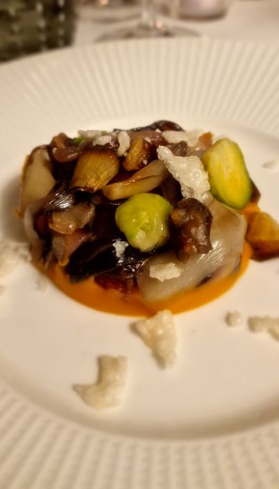 Cipolla ripiena di gorgonzola di capra, purea di patate dolci, radicchio, castagne, datteri e chips di riso