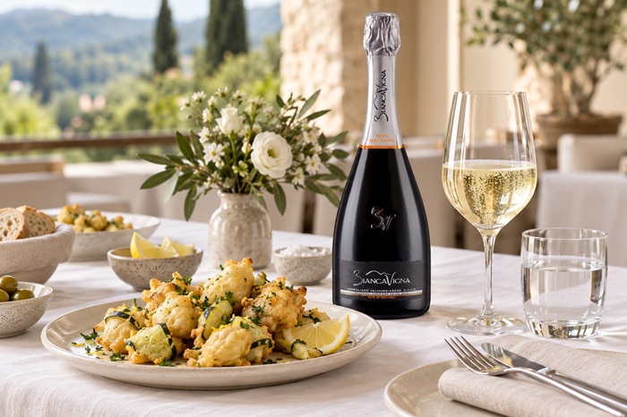 Frittelle di baccalà e prosecco superiore rive di ogliano biancavigna