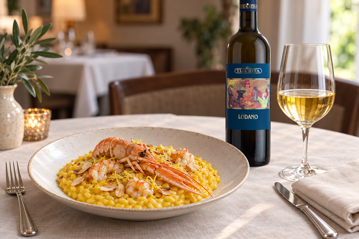 Risotto allo zafferano con scampi e mandorle e Lodano Bianco Tua Rita